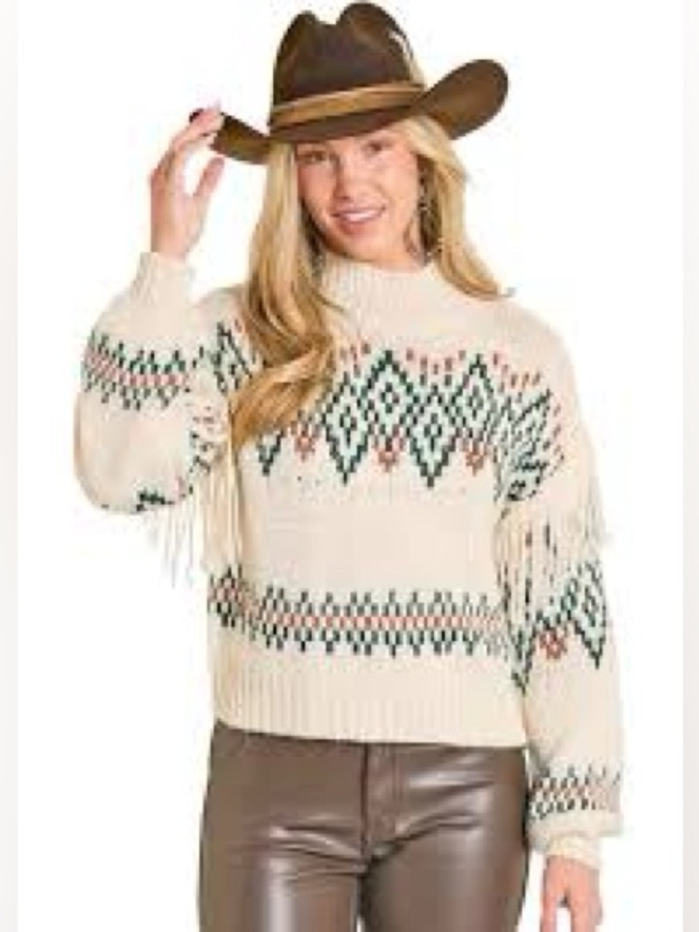 ROCK & ROLL DENIM WOMEN'S CREAM Turquoise GEO STRIPE FRINGE SWEATER  Medium